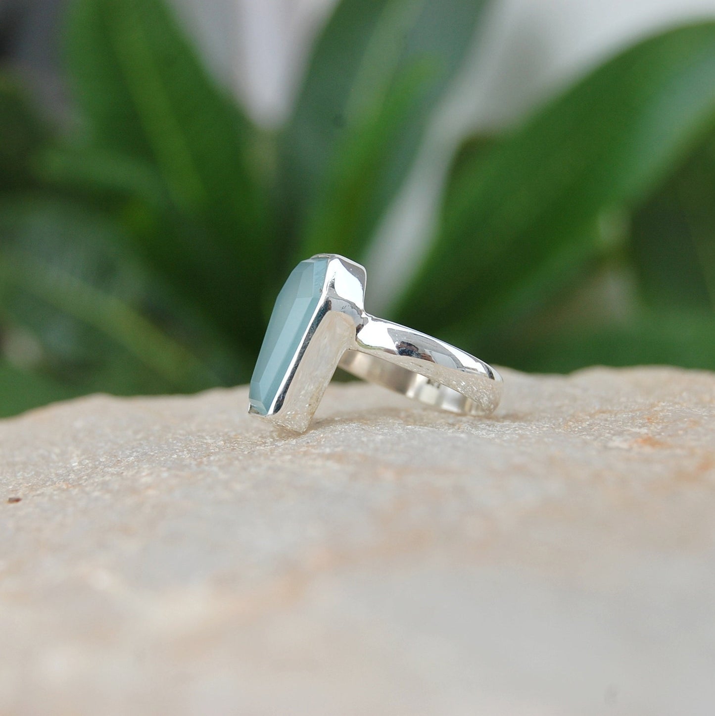 Aqua Chalcedony Coffin Shape Ring