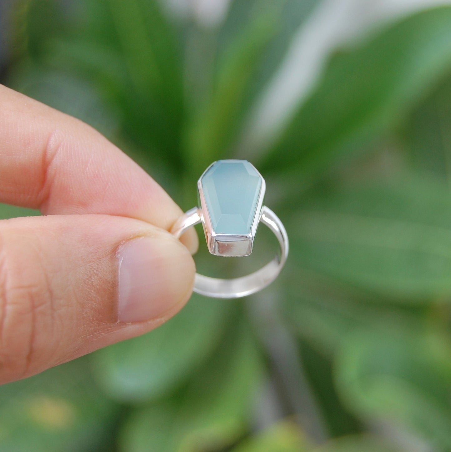 Aqua Chalcedony Coffin Shape Ring