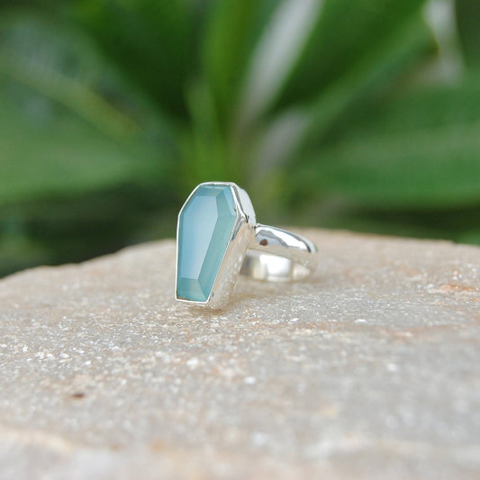 Aqua Chalcedony Coffin Shape Ring