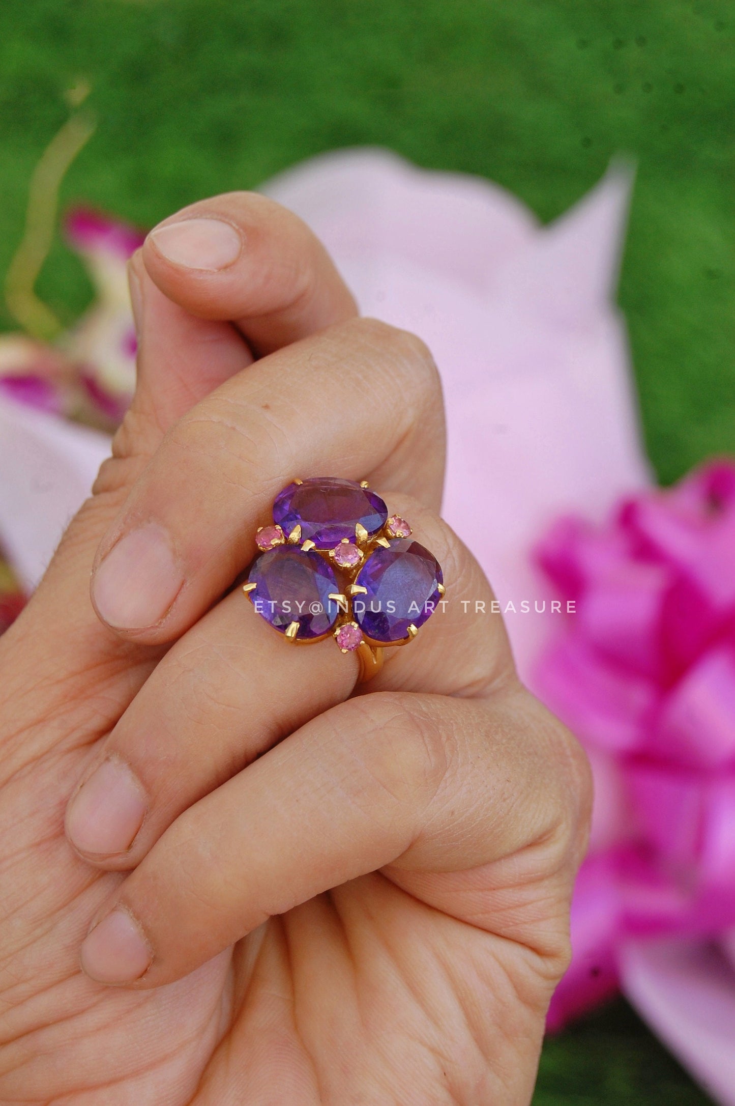 Amethyst- Pink Tourmaline Gold Plated Cocktail Ring