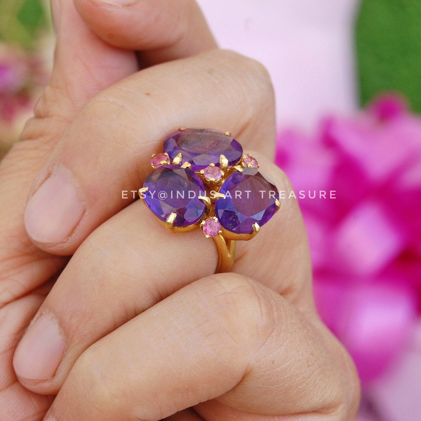 Amethyst- Pink Tourmaline Gold Plated Cocktail Ring