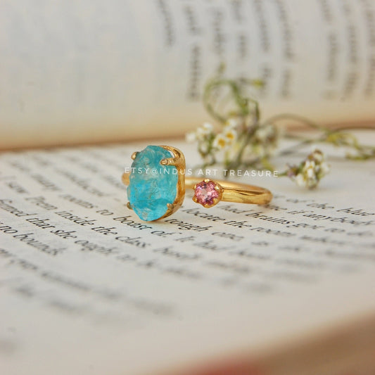 Raw Apatite- Pink Tourmaline 18k Gold Plated Ring