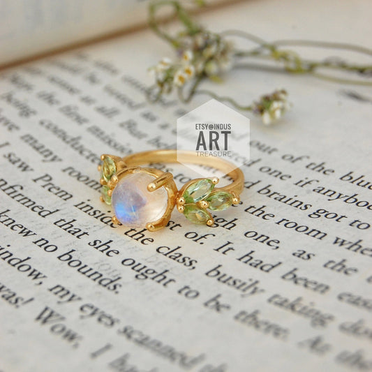 Rainbow Moonstone -Peridot Dainty Gold Plated Ring