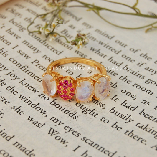 Rainbow Moonstone -Ruby Gold Plated Ring