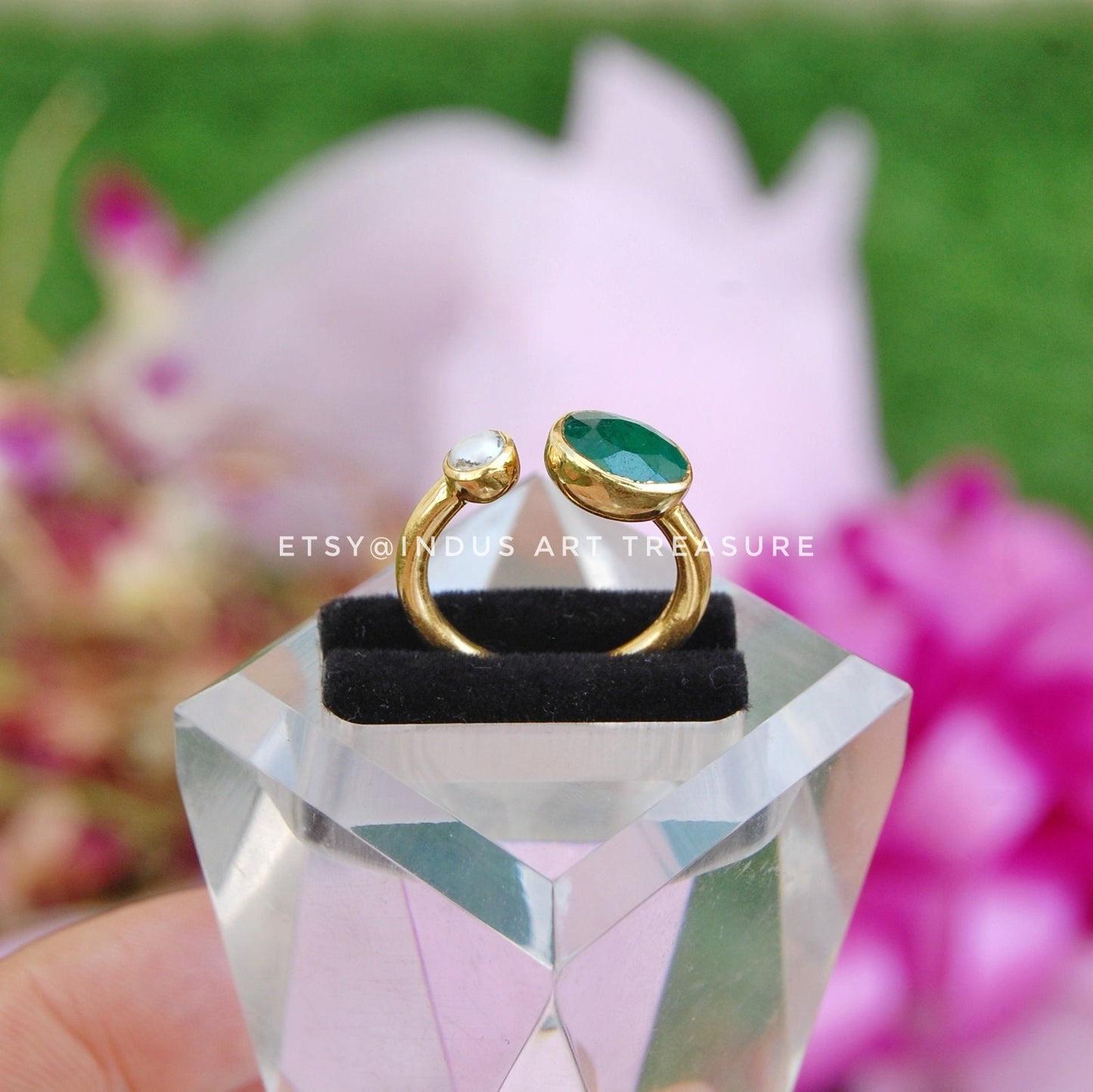 Emerald- Pearl Dainty Gold Plated Ring