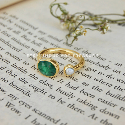 Emerald- Pearl Dainty Gold Plated Ring