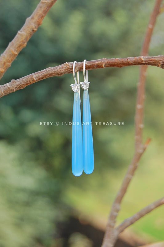 Natural Aqua Chalcedony Long Drop Earrings