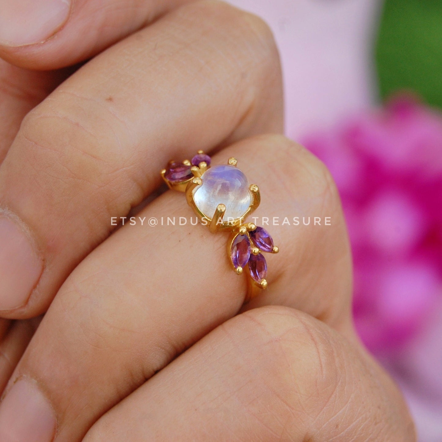 Rainbow Moonstone -Amethyst Dainty 18k Gold Plated Ring