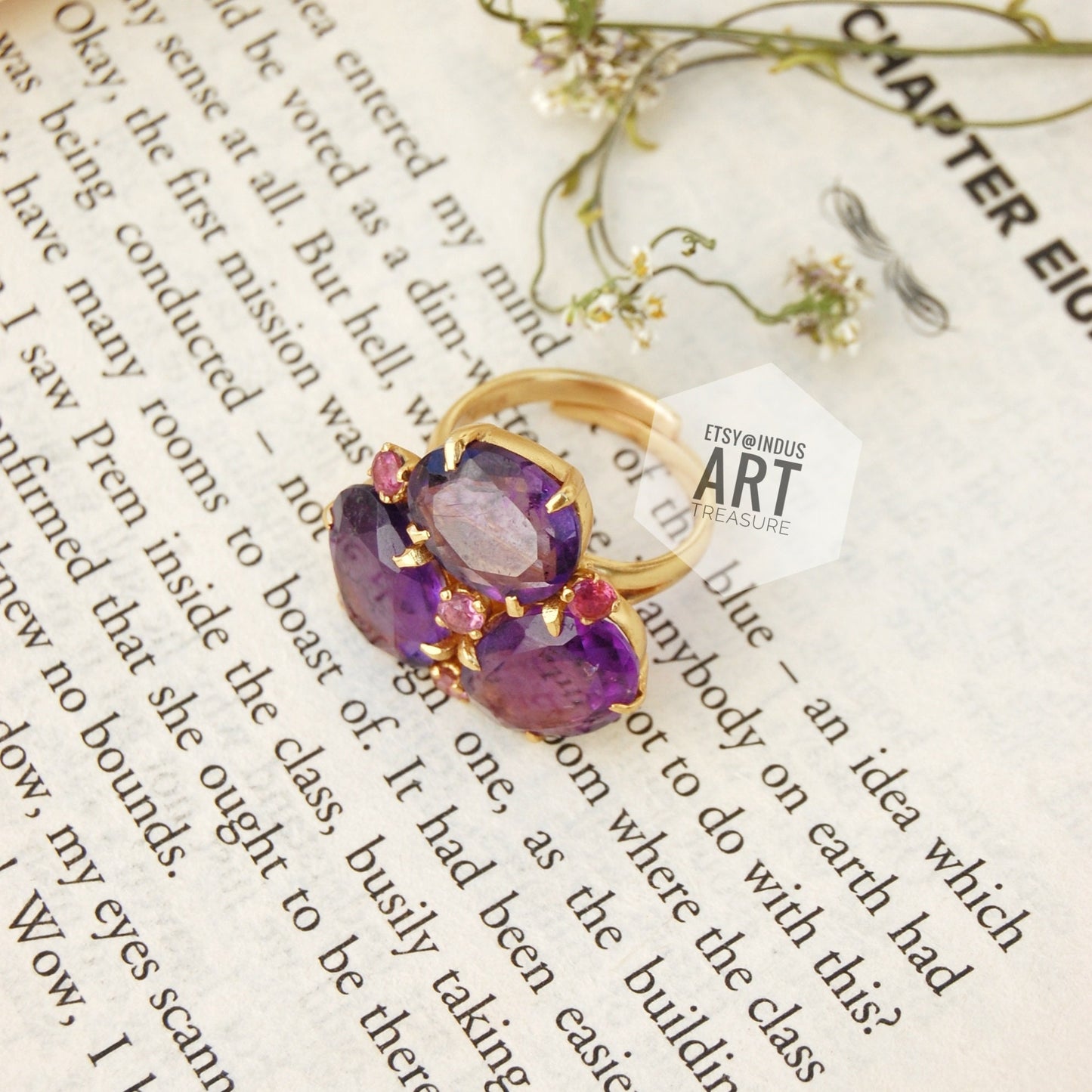 Amethyst- Pink Tourmaline Gold Plated Cocktail Ring