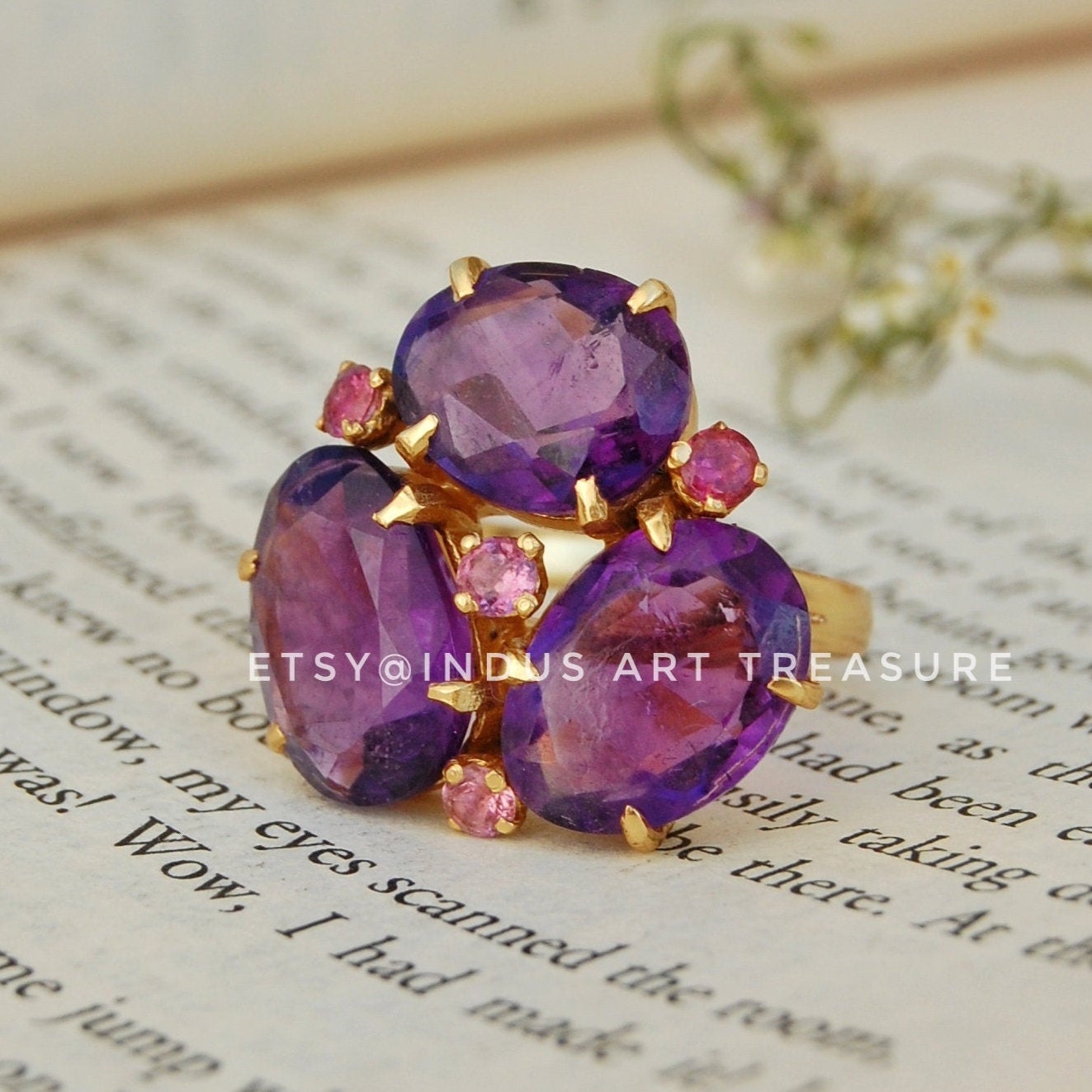 Amethyst- Pink Tourmaline Gold Plated Cocktail Ring