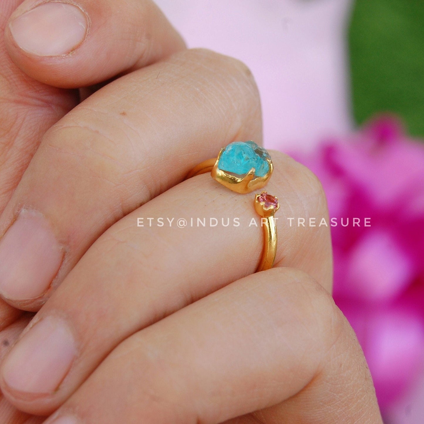 Raw Apatite- Pink Tourmaline 18k Gold Plated Ring