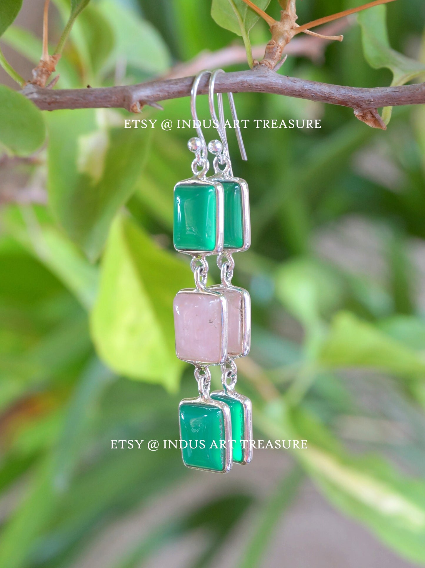 Rose Quartz and Green Onyx Dangle Earrings