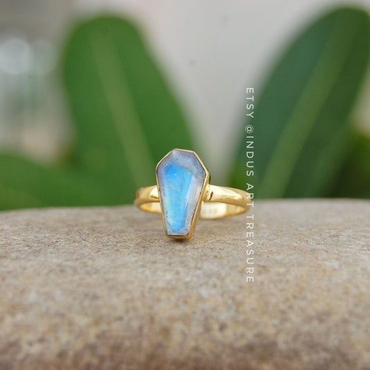 Rainbow Moonstone Coffin Shape Ring