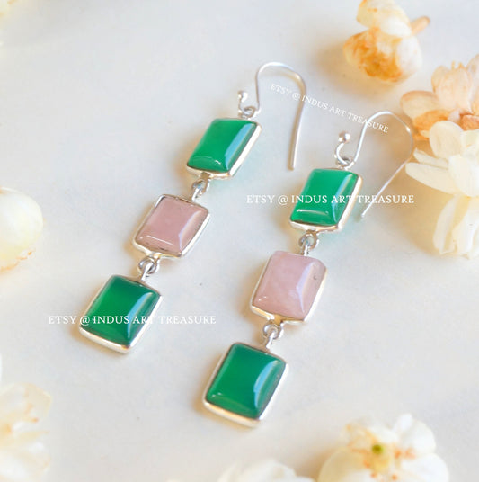 Rose Quartz and Green Onyx Dangle Earrings