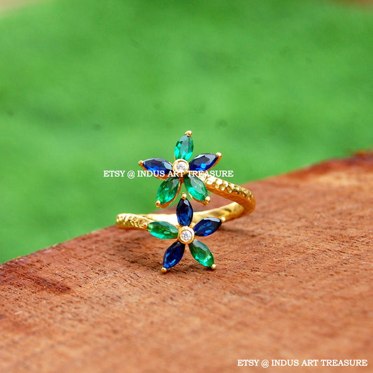 Blue Sapphire Floral Gold Plated Ring