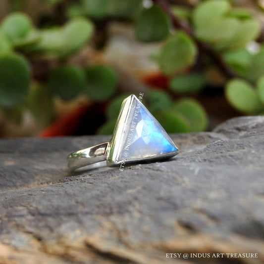 Rainbow Moonstone Triangle Ring