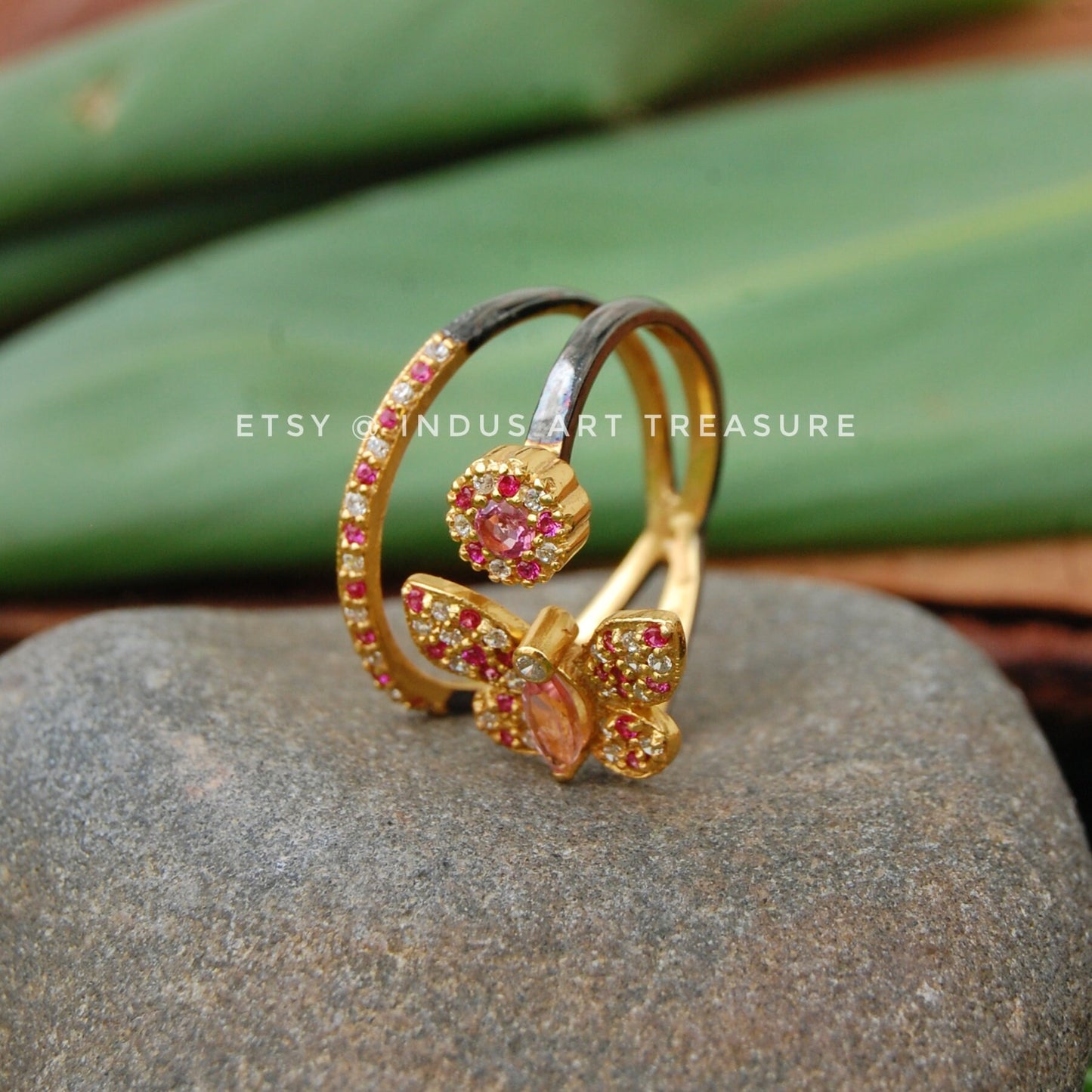 Pink Tourmaline and White Topaz Butterfly Gold Plated Ring