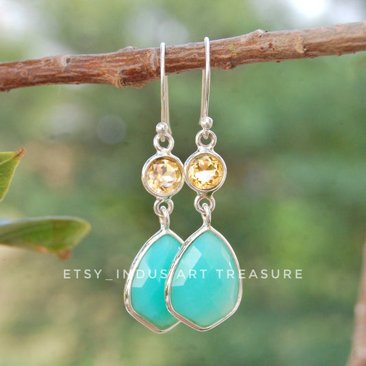 Paraiba Chalcedony- Citrine Dangle Earrings