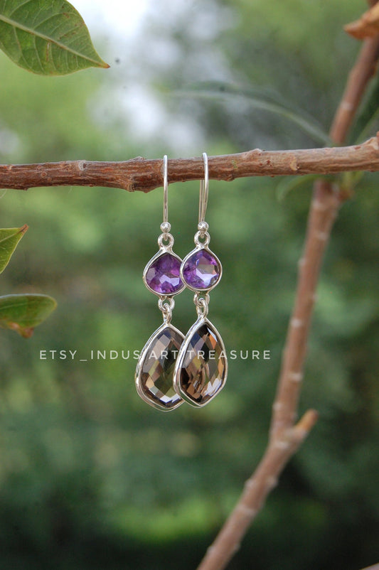 Amethyst -Smoky Quartz Long Dangling Earrings