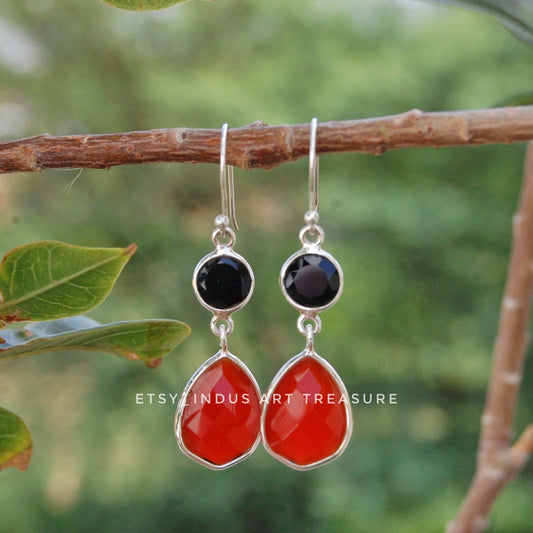Carnelian-Black Onyx Dangle Earrings