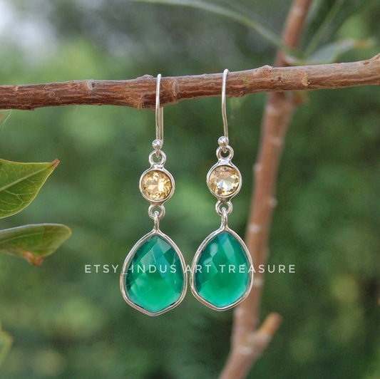Green Onyx- Citrine Dangle Earrings