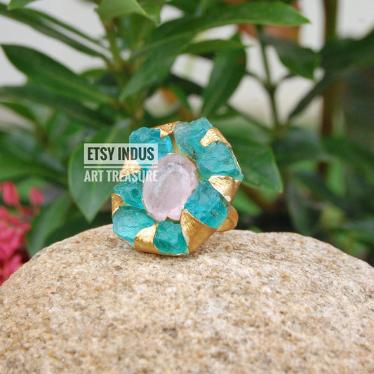 Raw Apatite- Rose Quartz Floral Gold Plated Ring