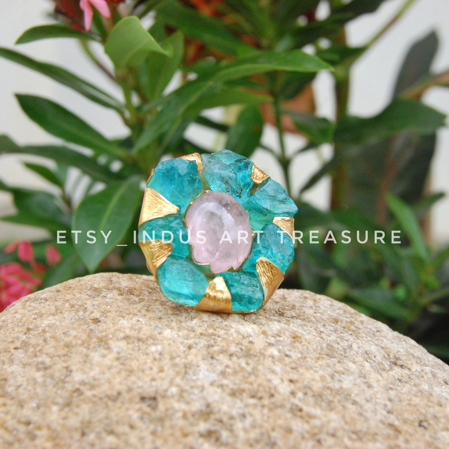 Raw Apatite- Rose Quartz Floral Gold Plated Ring