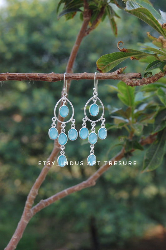 Aqua Chalcedony Long Dangling Earrings
