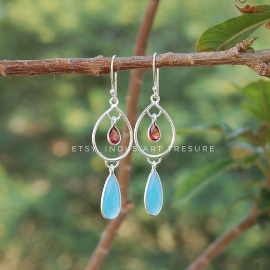 Aqua Chalcedony - Garnet Dangle Earrings