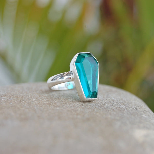 Blue Teal Quartz Coffin Ring