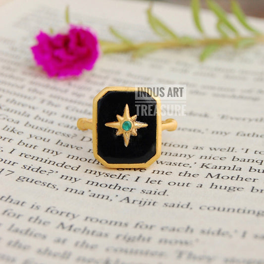 Black Onyx Signet Gold Plated Ring