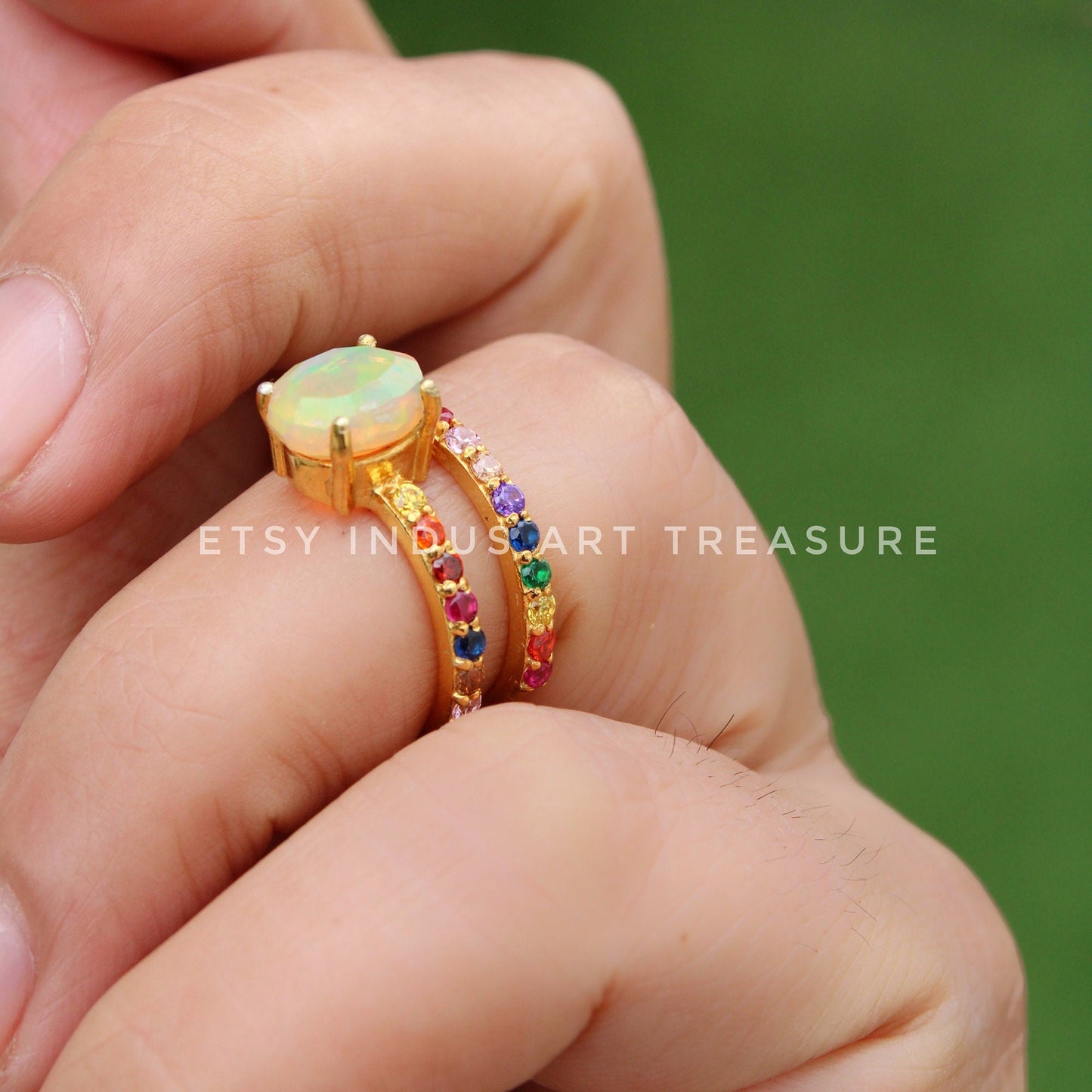 Rainbow Moonstone and Pink Tourmaline Gold Plated Ring