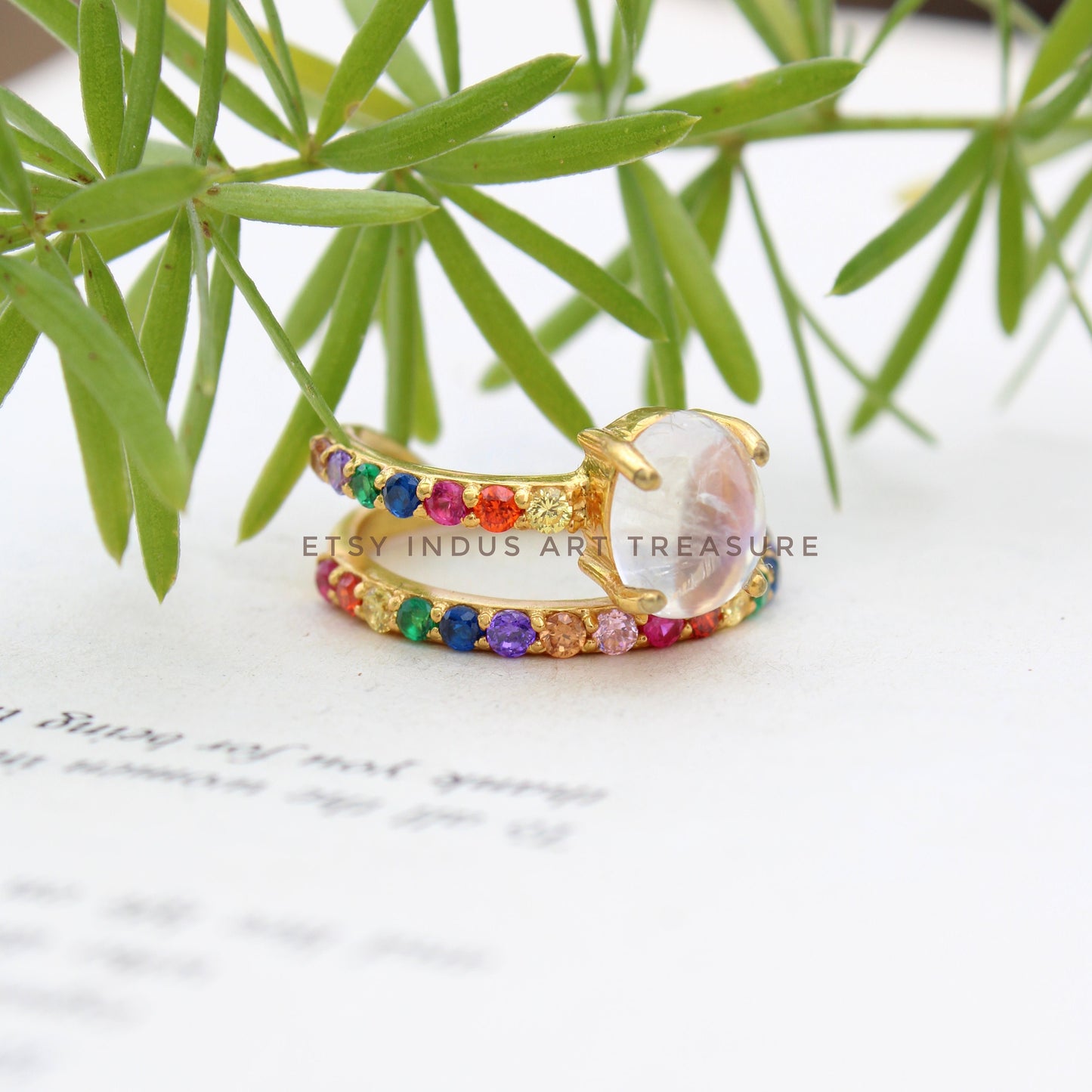 Rainbow Moonstone and Pink Tourmaline Gold Plated Ring