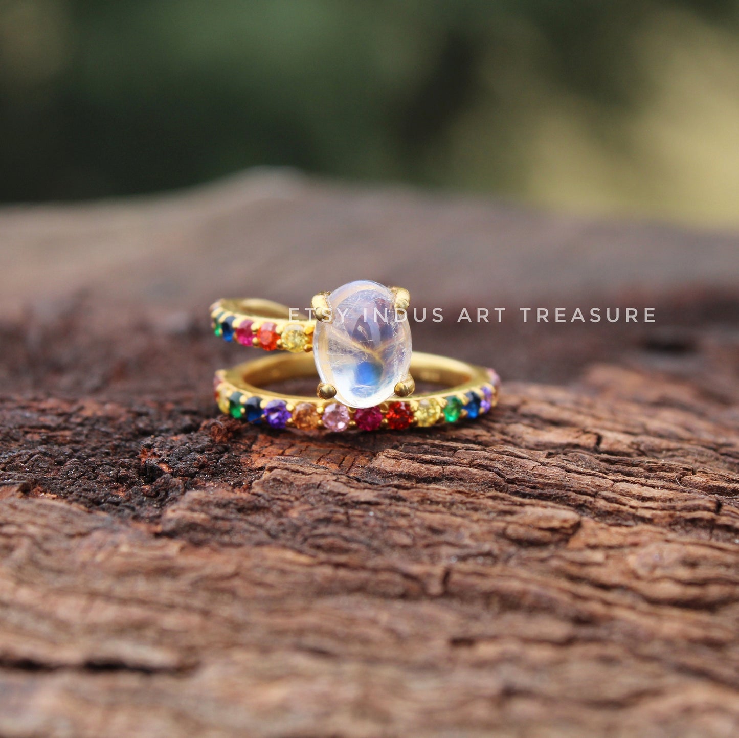 Rainbow Moonstone and Pink Tourmaline Gold Plated Ring