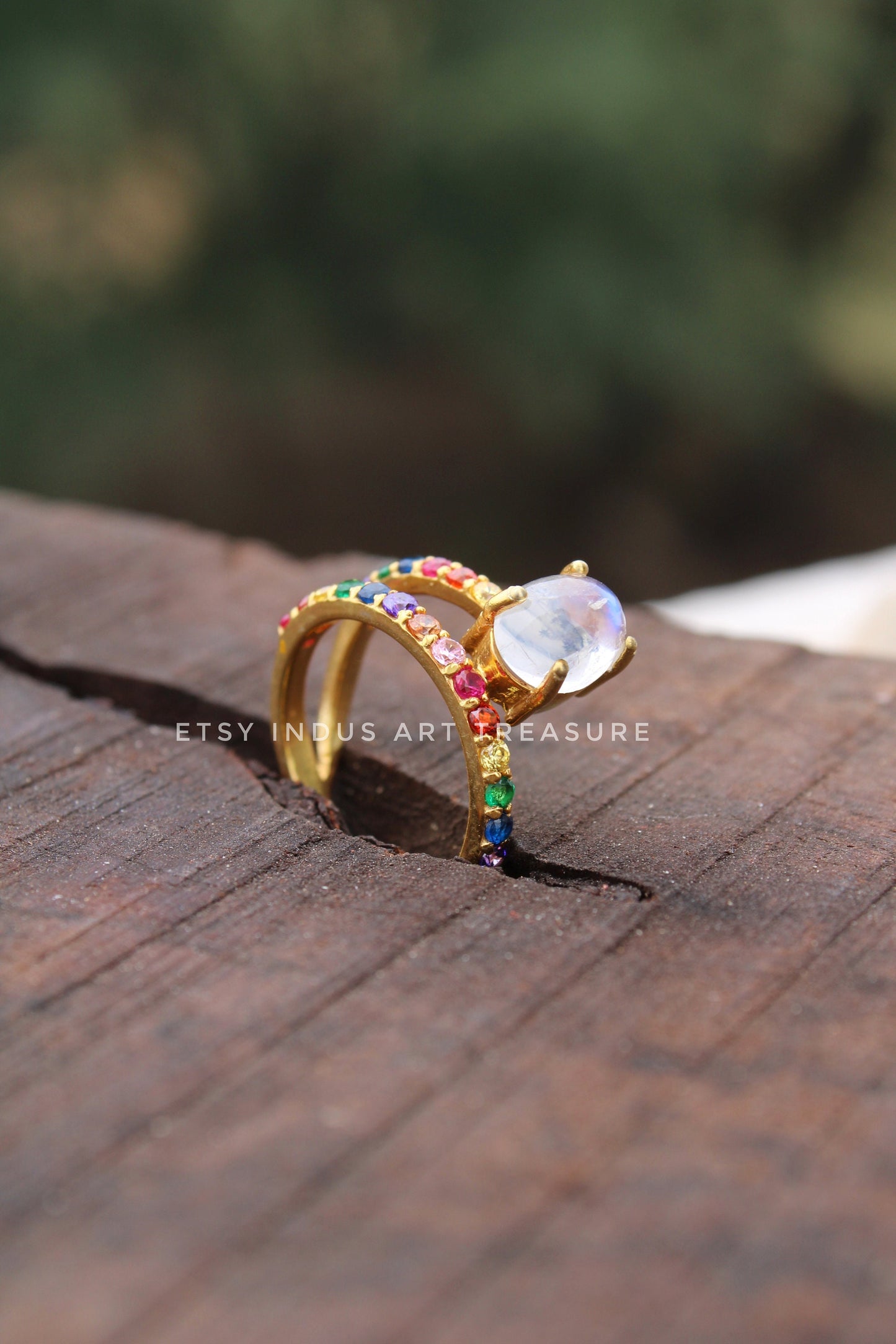 Rainbow Moonstone and Pink Tourmaline Gold Plated Ring