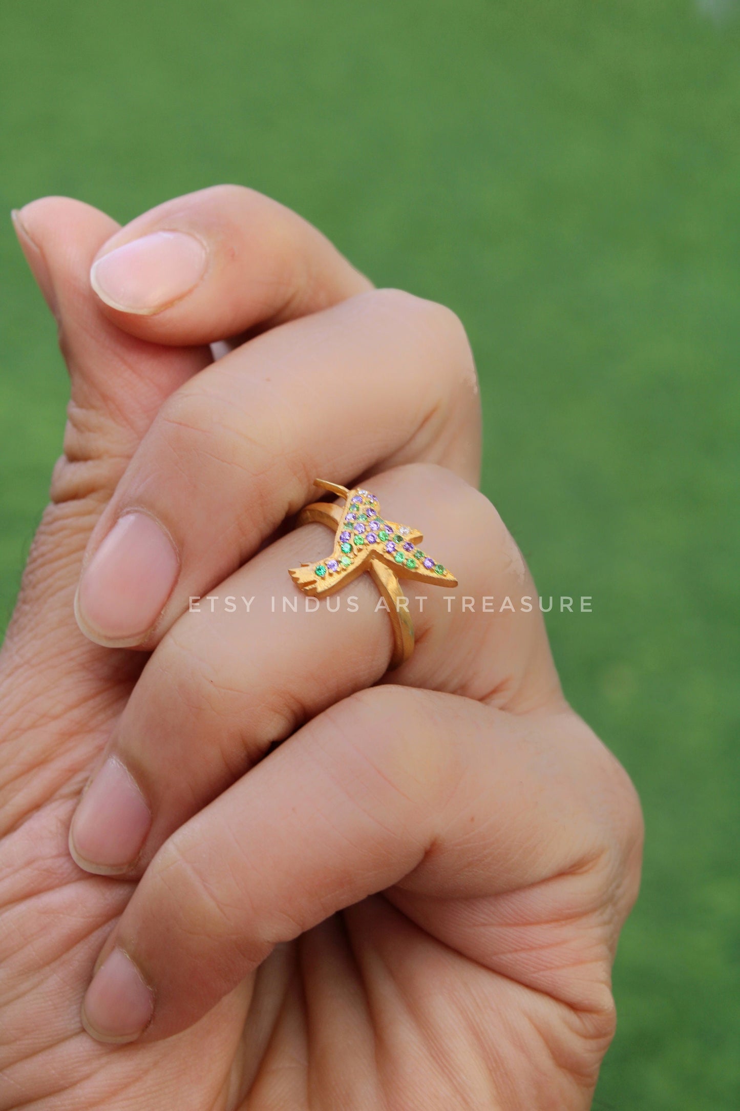 Blue Sapphire - Emerald Dainty Gold Ring
