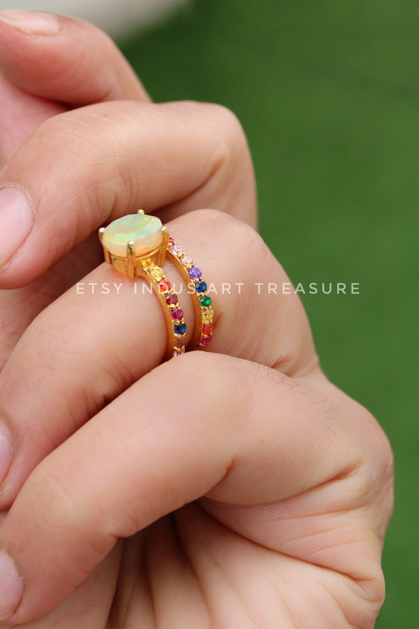 Rainbow Moonstone and Pink Tourmaline Gold Plated Ring