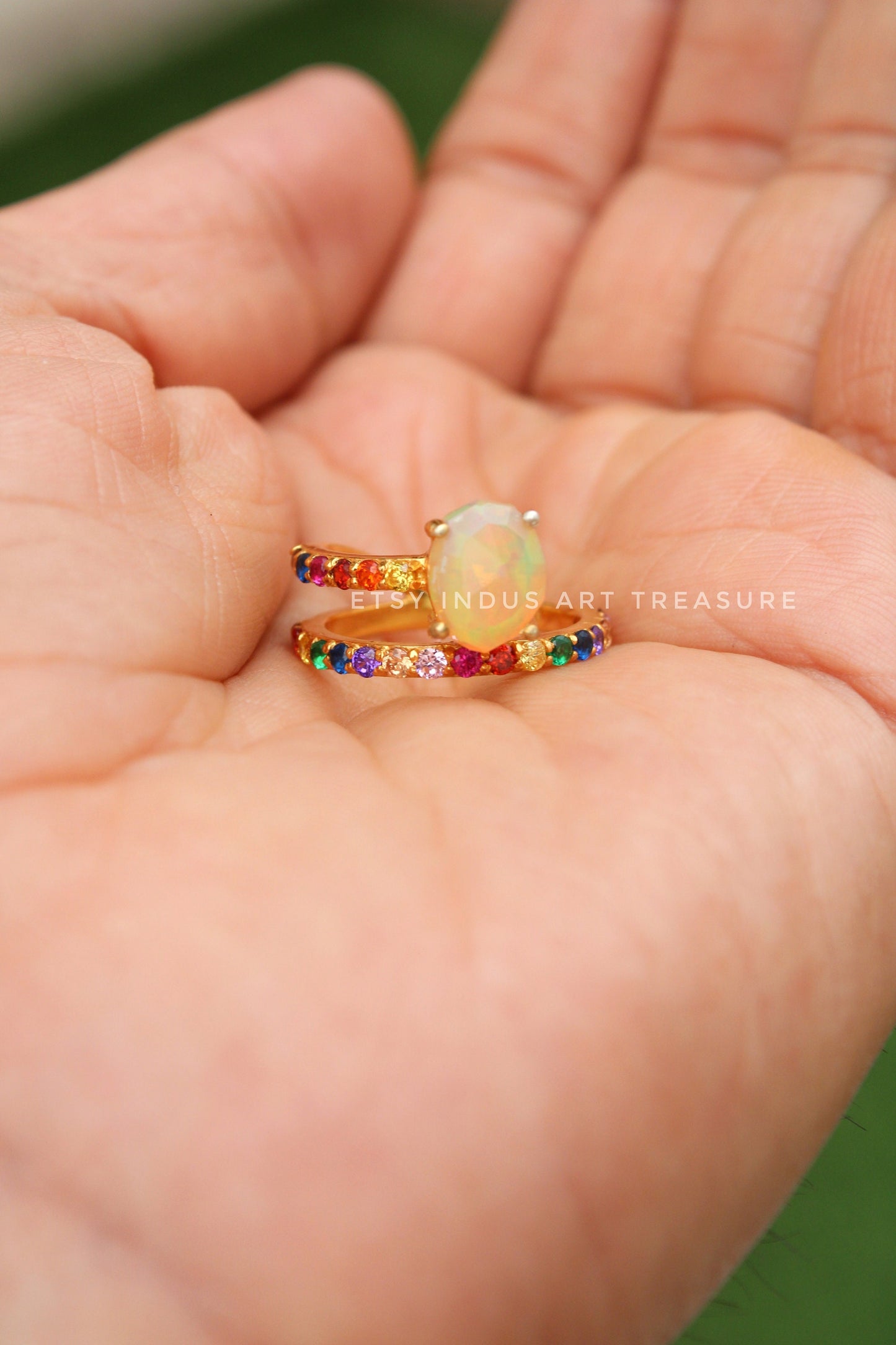 Rainbow Moonstone and Pink Tourmaline Gold Plated Ring