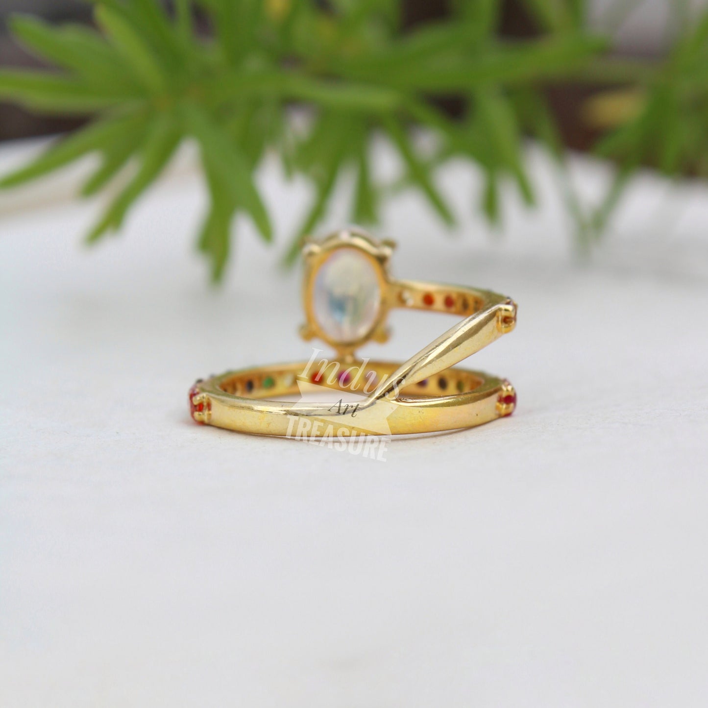 Rainbow Moonstone and Pink Tourmaline Gold Plated Ring