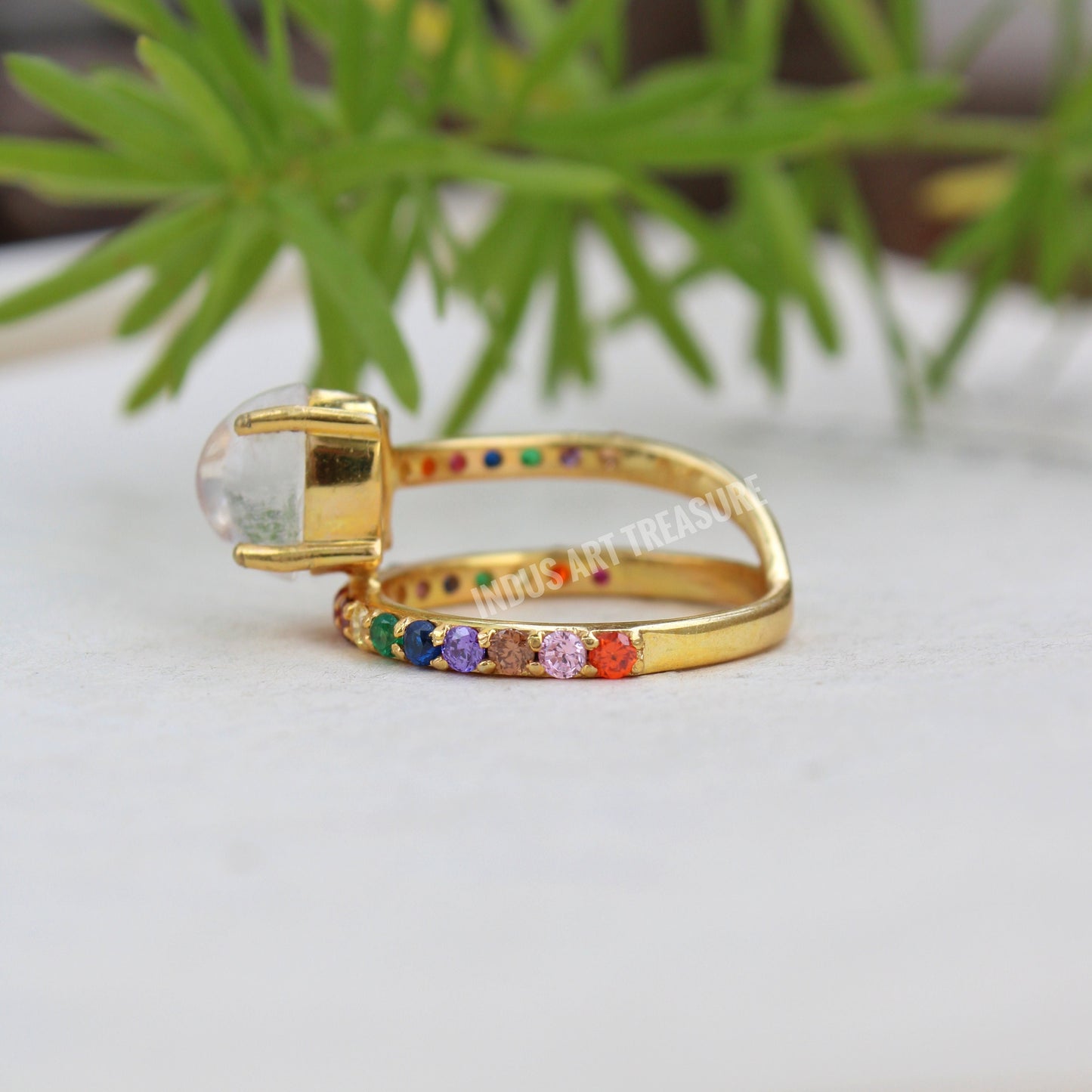 Rainbow Moonstone and Pink Tourmaline Gold Plated Ring