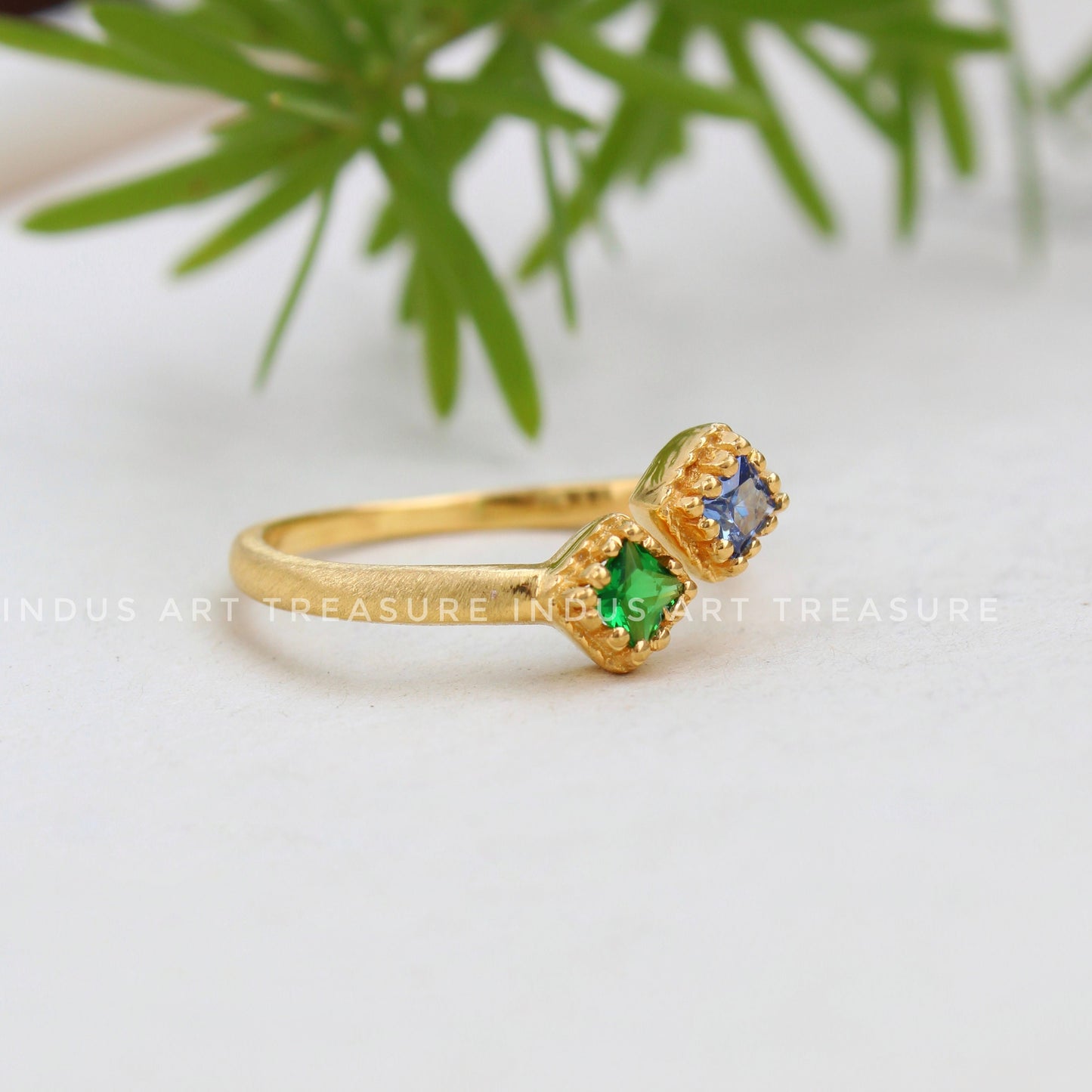 Blue Sapphire and Emerald Dainty Gold Plated Ring