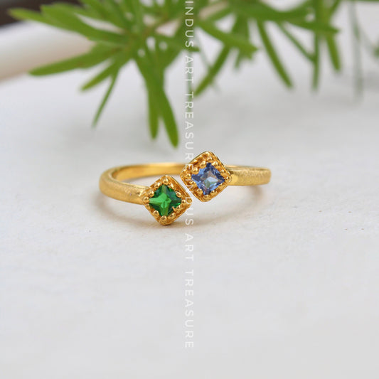 Blue Sapphire and Emerald Dainty Gold Plated Ring
