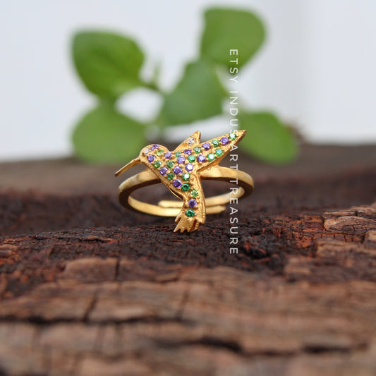 Blue Sapphire - Emerald Dainty Gold Ring