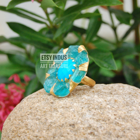 Raw Apatite- Natural Turquoise Floral Gold Plated Ring