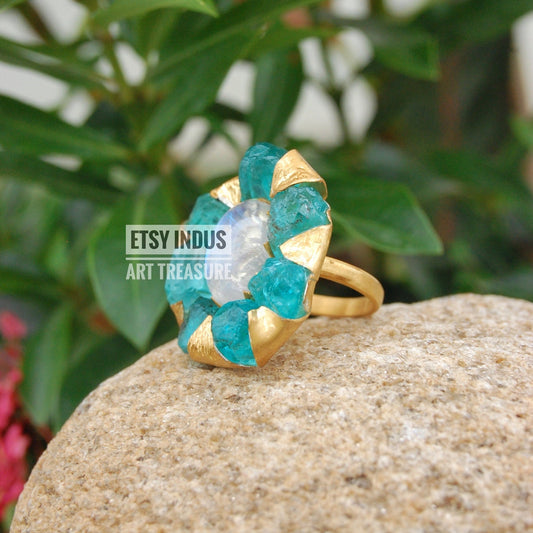 Raw Apatite- Moonstone Floral Gold Plated Ring