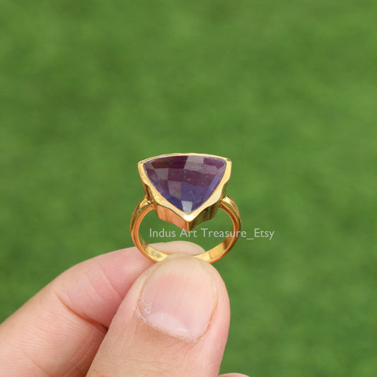 Amethyst Trillion Cut Gold Plated Ring