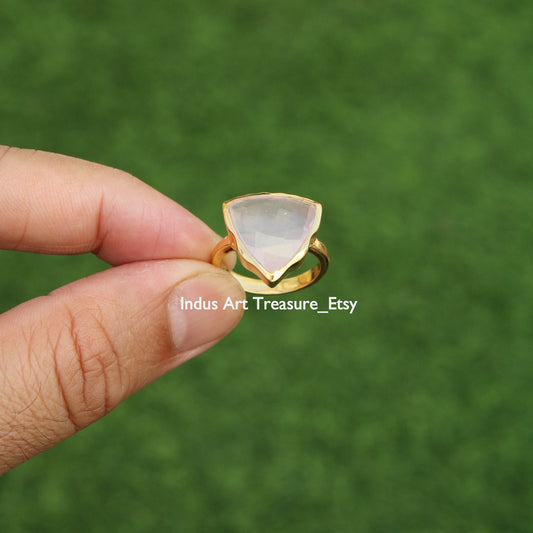Rose Quartz Triangle Checker Cut  18k Gold Plated Ring