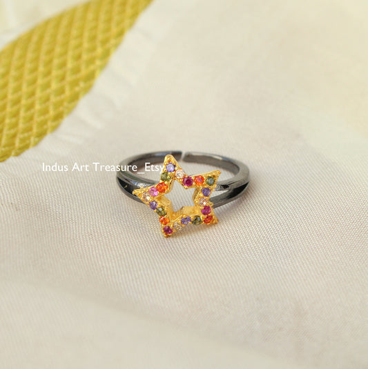 Multi Gemstone Cluster Black Rhodium Plated Star Ring
