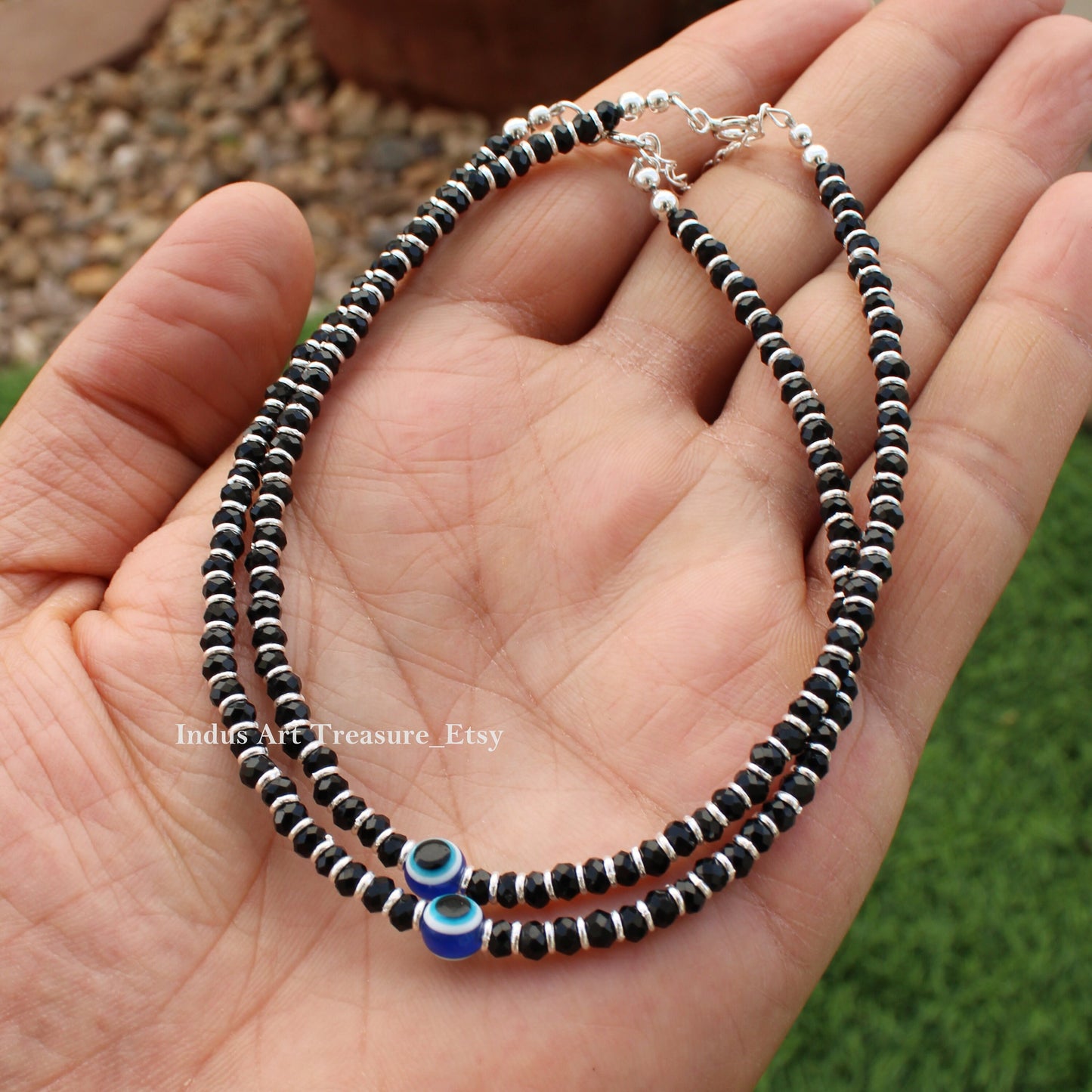 Black Beads Silver Anklets