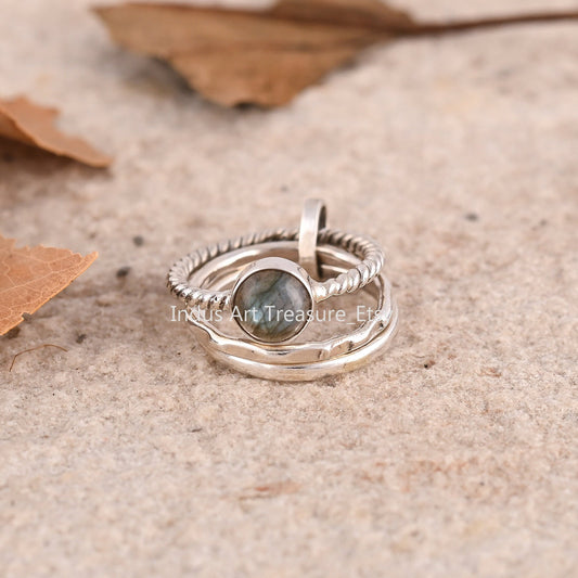 Blue Labradorite Twisted Band Stacking Ring Set